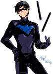  batman_(series) black_hair bodysuit character_name dc_comics dick_grayson domino_mask escrima_stick gloves male_focus mask nightwing simple_background solo weapon 