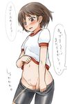  bike_shorts bike_shorts_pull blush brown_eyes brown_hair embarrassed female girls_und_panzer gym_shirt gym_uniform isobe_noriko looking_down navel open_mouth peeing pubic_hair pussy shirt_lift short_hair simple_background solo solokov_(okb-999) speech_bubble tears thought_bubble translation_request uncensored white_background 