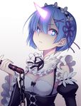  blue_eyes blue_hair breasts chain chimachi cleavage glowing_horn gradient gradient_background hair_ribbon horn looking_at_viewer maid md5_mismatch medium_breasts re:zero_kara_hajimeru_isekai_seikatsu rem_(re:zero) ribbon short_hair solo spoilers 