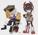  2boys 94mah5 alternate_species black_hair blaster_(splatoon) boots colored_mouth ensemble_stars! fake_horns fang full_body grey_hair grey_tongue holding holding_weapon horns ink_tank_(splatoon) inkling invisible_chair male_focus multiple_boys octoling ogami_koga open_mouth pointy_ears red_horns sakuma_ritsu simple_background sitting sleeping sleeping_upright smile spiked_hair splat_brella_(splatoon) splatoon_(series) splatoonification standing takoroka_nylon_vintage_(splatoon) third-party_source twitter_username two-handed v-shaped_eyebrows weapon white_background yellow_eyes zzz 