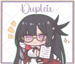  1girl artist_name azur_lane black_hair border breasts chibi closed_mouth dupleix_(azur_lane) futaba_(anti_clockwise) glasses hair_ornament holding holding_paper long_hair mole mole_on_breast nejikirio_(style) notice_lines outside_border paper purple_border purple_eyes smile solo sparkle very_long_hair yellow-framed_eyewear 