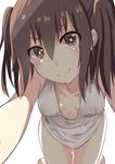  alternate_costume bangs breasts brown_eyes brown_hair collarbone commentary kantai_collection light_smile lingerie see-through sendai_(kantai_collection) shinta_(the-mattyaman) simple_background small_breasts solo symbol-shaped_pupils thighhighs two_side_up underwear waking_up white_background 