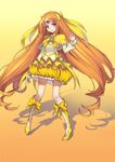  absurdres bad_id bad_pixiv_id boots bow brooch brown_hair bubble_skirt choker circlet cru cure_muse_(yellow) frilled_skirt frills full_body gradient gradient_background hair_bow heart highres jewelry knee_boots long_hair looking_at_viewer magical_girl orange_background pink_eyes precure shadow shirabe_ako skirt smile solo suite_precure two-tone_background very_long_hair yellow_background yellow_bow yellow_choker yellow_footwear yellow_skirt 