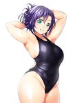  armpits breasts competition_swimsuit cowboy_shot green_eyes highres huge_breasts long_hair love_live! love_live!_school_idol_project one-piece_swimsuit one_eye_closed onsoku_maru plump purple_hair simple_background smile solo swimsuit thick_thighs thighs toujou_nozomi wide_hips 