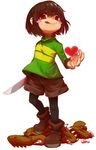 androgynous ankle_boots bad_id bad_pixiv_id blush_stickers boots brown_hair chara_(undertale) cotton_ball dummy full_body heart highres knife kumauwo mad_dummy_(undertale) pantyhose red_eyes sharp_teeth shirt shorts simple_background striped striped_shirt teeth tongue tongue_out undertale white_background 