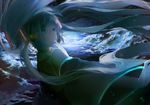  aqua_hair bad_id bad_pixiv_id dark detached_sleeves eye_reflection floating_hair glycan hand_on_own_chin hatsune_miku headset horizon light_particles light_smile long_hair ocean reflection solo star_(sky) transparent twintails upper_body vocaloid water 