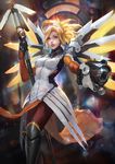  blonde_hair boots breasts cglas gloves gun high_ponytail mechanical_halo mechanical_wings medium_breasts mercy_(overwatch) overwatch pantyhose purple_eyes solo spread_wings staff swiss_flag weapon wings yellow_wings 