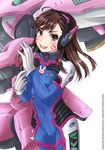  adjusting_clothes adjusting_gloves bad_id bad_pixiv_id bodysuit breasts brown_eyes brown_hair d.va_(overwatch) facial_mark gloves headphones long_hair mecha meka_(overwatch) overwatch pilot_suit robot saruei small_breasts solo standing whisker_markings white_background 