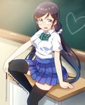  arm_support bespectacled breasts chalk chalkboard glasses green_eyes heart leg_up legs long_hair looking_at_viewer love_live! love_live!_school_idol_project low_twintails medium_breasts miniskirt otonokizaka_school_uniform pink_scrunchie pleated_skirt purple_hair school_uniform scrunchie sitting skirt skull573 smile solo thighhighs thighs toujou_nozomi twintails zettai_ryouiki 