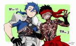  2boys asaya_minoru avenger bangs black_gloves black_hair blue_hair blue_jacket brown_eyes closed_mouth commentary_request cu_chulainn_(fate/prototype) dark_skin dark_skinned_male double_w eyebrows_visible_through_hair fate/hollow_ataraxia fate/prototype fate_(series) fingerless_gloves full_body_tattoo fur_trim gloves green_background grey_background grin hair_between_eyes hand_on_hip jacket long_hair low_ponytail male_focus multiple_boys ponytail red_eyes shirtless short_sleeves smile tattoo translation_request twitter_username two-tone_background w 
