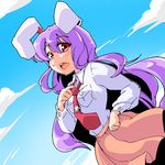  :o animal_ears blue_sky bunny_ears cloud collared_shirt d: day dutch_angle from_below hot long_hair long_sleeves looking_at_viewer looking_down necktie open_mouth purple_hair red_eyes reisen_udongein_inaba shinapuu shirt skirt sky solo sweat sweatdrop tie_clip touhou very_long_hair 