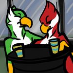  anonyartist askos avian avian_(starbound) beak beverage cafe coffee cups date duo feathers food green_feathers maladash male male/male nude red_feathers sitting starbound table talons video_games white_feathers window 