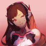  ;) ask_(askzy) bangs bodysuit brown_hair cropped d.va_(overwatch) eyebrows face facepaint gradient gradient_background head_tilt headgear lips long_hair looking_at_viewer nose one_eye_closed overwatch pink_background portrait smile solo whisker_markings 