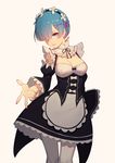  apron black_dress black_ribbon blue_eyes blue_hair breasts cleavage daye_bie_qia_lian detached_sleeves dress foreshortening hair_ornament hair_over_one_eye hair_ribbon hairband head_tilt highres large_breasts long_sleeves looking_at_viewer maid palms pantyhose parted_lips pink_ribbon re:zero_kara_hajimeru_isekai_seikatsu rem_(re:zero) ribbon short_hair simple_background solo waist_apron white_apron white_legwear x_hair_ornament yellow_background 