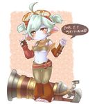  ahoge alternate_hairstyle blue_skin blush breasts double_v earrings fingerless_gloves gloves goggles goggles_on_head gun jewelry league_of_legends looking_at_viewer midriff navel otani_(kota12ro08) pointy_ears small_breasts solo translated tristana twintails twitter_username underboob v weapon yordle 