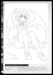  bat_wings bow crossed_arms full_body greyscale hat karamoneeze knees_up lineart looking_at_viewer mob_cap monochrome remilia_scarlet shoes short_hair sitting skirt solo thighhighs torn_clothes torn_legwear torn_skirt torn_sleeves touhou translation_request wings 