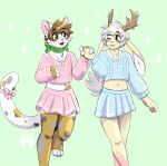 2019 anthro antlers biped blush bottomwear bow_ribbon brown_hair clothed clothing crop_top crossdressing duo ears_down felid feline femboy fleur_(fleurfurr) fleurfurr fur green_eyes grey_body grey_ears grey_fur grey_tail hair hand_holding hi_res horn inner_ear_fluff jackalope lagomorph lawrence_lux looking_at_another male mammal midriff multi_tone_tail multicolored_body multicolored_ears multicolored_fur one_eye_closed open_mouth orange_body orange_ears orange_fur orange_tail pawpads pink_body pink_ears pink_fur pink_nose pink_pawpads pivoted_ears raised_leg shirt skirt tail topwear tuft two_tone_body two_tone_ears two_tone_fur white_body white_fur white_hair white_inner_ear white_tail yellow_body yellow_ears yellow_eyes yellow_fur
