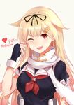  ;d absurdres black_gloves blonde_hair blush breasts fingerless_gloves gloves hair_flaps hair_ornament hairclip highres kantai_collection long_hair medium_breasts naemperor one_eye_closed open_mouth poi red_eyes remodel_(kantai_collection) scarf school_uniform serafuku smile solo teeth yuudachi_(kantai_collection) 