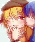  absurdres animal_ears blonde_hair blue_hair bound bound_wrists bunny_ears cheek_licking closed_eyes commentary_request dior-zi face_licking floppy_ears hat highres licking multiple_girls one_eye_closed open_mouth portrait red_eyes restrained ringo_(touhou) seiran_(touhou) tears tongue tongue_out touhou wavy_mouth yuri 
