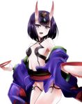  :d bare_shoulders blush breasts cowboy_shot cup fate/grand_order fate_(series) hair_ornament hijiri-tukasa horns japanese_clothes kimono looking_at_viewer midriff navel oni oni_horns open_mouth purple_eyes purple_hair revealing_clothes sakazuki short_hair shuten_douji_(fate/grand_order) small_breasts smile solo 