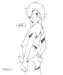 anthro clothing curled_hair genitals graphite_(artwork) hair hi_res long_ears looking_at_viewer male monochrome pencil_(artwork) penis rolled_up_shirt saveslot seductive solo traditional_media_(artwork) underwear