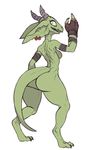  big_butt breasts butt clothing digitigrade ear_piercing female fingerless_gloves gloves green_scales horn kobold looking_back nude piercing robotjoe scales solo thin_waist waving wide_hips 