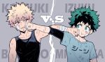  2boys :t bakugou_katsuki bandage bandage_on_face blonde_hair boku_no_hero_academia clenched_hand green_eyes green_hair male_focus midoriya_izuku multiple_boys nightcat punching red_eyes shirt t-shirt tank_top 