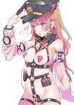  bdsm blue_eyes bondage_outfit braid breasts brown_hair chastity_belt commentary_request condom cowboy_shot cuffs detached_sleeves granblue_fantasy handcuffs harness hat heart heart-shaped_pupils lecia_(granblue_fantasy) long_hair medium_breasts pasties peaked_cap solo star star-shaped_pupils symbol-shaped_pupils tajima_ryuushi thighhighs torogao vibrator 