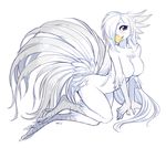  2016 all_fours anthro avian beak big_breasts blush breasts brown_eyes chocobo dagger_leonelli feathers female final_fantasy hair hair_over_eye looking_at_viewer nude simple_background solo square_enix video_games white_background white_feathers white_hair 