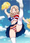  ;d alternate_costume american_flag artist_name bare_shoulders blonde_hair blue_eyes blush breasts cheerleader commentary_request covered_nipples crop_top flag_print girls_und_panzer joy_ride kay_(girls_und_panzer) large_breasts leg_up long_hair looking_at_viewer navel one_eye_closed open_mouth panties pantyshot pantyshot_(standing) pom_poms sleeveless smile solo sparkle standing striped striped_panties thighhighs underwear white_legwear 