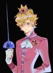  1boy arm_behind_back arm_up ascot black_background blonde_hair blue_eyes blue_gemstone blush buttons closed_mouth collared_suit commentary crown earrings english_commentary gem genderswap genderswap_(ftm) gloves hair_behind_ear hair_between_eyes highres holding holding_sword holding_weapon jacket jewelry looking_ahead male_focus mario_(series) pink_suit princess_peach rapier rightgate serious short_hair simple_background solo sphere_earrings suit suit_jacket super_mushroom sword upper_body wavy_hair weapon white_ascot white_gloves 