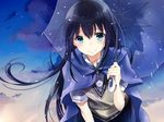  aliasing black_hair blue_eyes blush clouds cropped kusa long_hair original rain seifuku sky umbrella uniform waifu2x water 