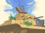  bird cloud condensation_trail cosmic_(crownclowncosmic) day girls_und_panzer ground_vehicle hatch military military_vehicle motor_vehicle multiple_girls nishizumi_maho nishizumi_miho panzerkampfwagen_ii short_hair sketch sky smile tank younger 