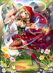  ahoge bear boots bow bowtie braid breasts bunny cleavage copyright_name day flower force_of_will fox full_body grass green_eyes hair_ribbon high_heel_boots high_heels hood knee_boots large_breasts leaf little_red_riding_hood_(force_of_will) long_hair matsurika_youko official_art open_mouth petals red_footwear red_ribbon ribbon ribbon_braid sky solo teeth thighhighs tree twin_braids 