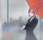  bangs blue-framed_eyewear blurry blurry_background carlo_montie collared_shirt formal glasses hair_bun holding original outdoors rain red_eyes red_hair red_umbrella shirt short_hair solo standing suit umbrella wet 