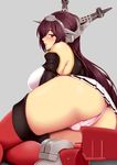  ass bare_shoulders blush breasts brown_hair grey_background highres kantai_collection large_breasts long_hair looking_at_viewer looking_back lying moo_yoshio nagato_(kantai_collection) on_side panties pink_panties red_eyes red_legwear simple_background skirt solo thick_thighs thighhighs thighs underwear 