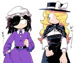  belt black_hair blonde_hair cosplay costume_switch dress furukawa_(yomawari) hair_over_one_eye hat maribel_hearn maribel_hearn_(cosplay) mob_cap multiple_girls no_nose purple_dress sweat touhou translation_request usami_renko usami_renko_(cosplay) 