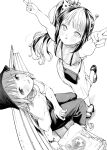  2girls alien_charm animal_print antennae bag bag_charm blush bow bucket_hat charm_(object) commentary dog_print double_v facing_up fisheye greyscale hair_bow hand_on_bench hat high_ponytail high_side_ponytail highres leg_up long_hair looking_at_viewer monochrome morimoto_atsushi multiple_girls on_bench original pants polka_dot polka_dot_bow ringed_eyes sandals shirt shoulder_bag side_ponytail sitting skirt standing sweat t-shirt v watch wristwatch 