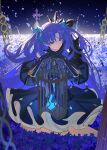  1girl absurdres bare_shoulders birdcage black_dress black_gloves blue_eyes blue_hair bow breasts cage detached_collar dress elbow_gloves ereshkigal_(fate) fate/grand_order fate_(series) field flower flower_field gloves hair_bow hair_ornament highres light_(nightty45) long_hair looking_at_viewer medium_breasts night night_sky parted_bangs sky smile solo space_ereshkigal_(fate) space_ereshkigal_(second_ascension)_(fate) two_side_up 