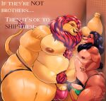 absurd_res anthro arm_hair aroused belly big_belly big_butt big_penis black_mane black_nose blush bodily_fluids body_hair brown_body brown_fur brown_nipples brown_nose bubble_butt bulge butt chest_hair clothed clothing detailed detailed_bulge disney duo embarrassed erection eye_contact felid feline flirting fur genitals green_clothing green_eyes green_jockstrap green_underwear hairy_belly hi_res jockstrap jockstrap_only lion lionberrymochi lips looking_at_another male male/male mammal mane moobs mufasa musk musk_clouds narrowed_eyes navel nipples obese obese_anthro obese_male overweight overweight_anthro overweight_male pantherine penis pubes red_clothing red_eyes red_jockstrap red_mane red_underwear scar_(the_lion_king) simple_background size_difference smile sweat tail text the_lion_king thick_lips thick_thighs topless underwear underwear_only wide_hips yellow_body yellow_fur