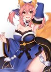  :d animal_ear_fluff animal_ears arm_up armpits blush breasts cleavage detached_sleeves fate/extra fate_(series) fox_ears fox_tail hair_ribbon japanese_clothes large_breasts looking_at_viewer open_mouth osiimi pink_hair ribbon simple_background smile solo tail tamamo_(fate)_(all) tamamo_no_mae_(fate) thighhighs white_background yellow_eyes 