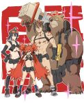  2boys 2girls abs animal_ears anton_ivanov bear_boy bear_ears ben_bigger black_gloves black_hair breasts cleavage eyepatch fake_animal_ears fingerless_gloves furry furry_male gloves goggles goggles_on_head grace_howard hand_on_own_hip headband highres holding holding_weapon kayoko_(panchlora) kill_la_kill koleda_belobog large_breasts long_hair multiple_boys multiple_girls nipples nude nudist_beach_uniform parody ponytail red_eyes red_hair shoes simple_background socks sparkle standing toned toned_male twintails two_side_up very_long_hair weapon zenless_zone_zero 