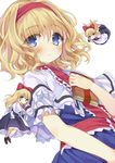  alice_margatroid blonde_hair blue_eyes blush book book_hug bow capelet doll hair_bow hairband holding holding_book looking_at_viewer mirei sad shanghai_doll short_hair solo tareme touhou white_background white_capelet 