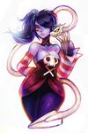  bare_shoulders blue_skin breasts cleavage detached_collar detached_sleeves dress leviathan_(skullgirls) skull skullgirls solo squigly_(skullgirls) stitched_mouth striped striped_sleeves viorie zombie 