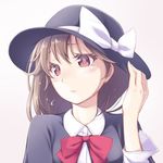  blouse bow brown_eyes brown_hair capelet embarrassed hat hat_bow looking_to_the_side lowres midorino_eni ribbon short_hair solo touhou upper_body usami_renko white_blouse white_bow 