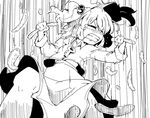  backpack bag cabbie_hat clenched_teeth cucumber eating greyscale hair_bobbles hair_ornament hat kawashiro_nitori key monochrome motion_lines shinapuu shirt short_hair sketch skirt solo teeth touhou 