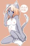  anthro blue_eyes blush breasts female fur hair japanese_text kemono looking_at_viewer mammal nipples nude peruri simple_background solo text 
