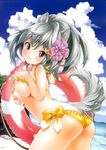  animal_ears ass beach bikini bikini_lift blush breast_hold breasts cloud day flower grey_hair hair_flower hair_ornament highres innertube inuburo large_breasts lowleg lowleg_bikini nipples pink_eyes ponytail side-tie_bikini solo sweat swimsuit tail 