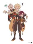  3boys =_= absurdres aether_(genshin_impact) age_difference aged_down artist_name babysitter blonde_hair braid braided_ponytail brown_pants cape carrying carrying_person cheek_pinching child chromatic_aberration double-parted_bangs dual_wielding full_body genshin_impact grabbing_another&#039;s_hair hashibi_(noyasakihashibi) highres holding image_in_thought_bubble kaedehara_kazuha kneehighs male_focus multiple_boys pants pinching pink_hair scarf_grab shikanoin_heizou simple_background socks spoken_squiggle squiggle standing straight-on sweatdrop white_background white_hair yellow_cape 