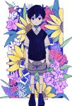  1boy ahoge black_eyes black_footwear black_hair black_vest border brown_shorts closed_mouth collared_shirt commentary english_commentary floral_background flower frown full_body hair_between_eyes highres jitome layered_clothes leaf lily_of_the_valley male_focus omori pink_flower polaroid_photo purple_flower red_flower red_rose rightgate rose shirt shoes short_sleeves shorts signature sleeveless socks solo straight-on sunflower sunny_(omori) vest white_border white_flower white_shirt white_socks wing_collar yellow_flower 